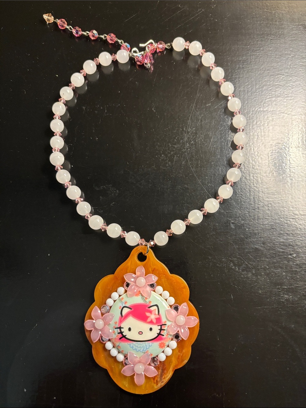 Tarina Tarantino Pink and Amber Beaded Hello Kitty Pendant Necklace